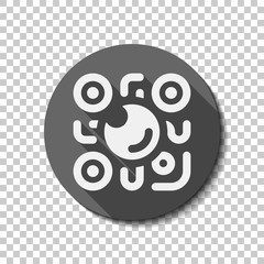 QR scanner, Scan by mobile camera, logo for app, icon with qrcode and lens. flat icon, long shadow, circle, transparent grid. Badge or sticker style