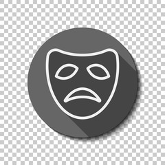 Sad mask of theatre, face with tragedy emotion, sign of drama. Linear outline icon. flat icon, long shadow, circle, transparent grid. Badge or sticker style