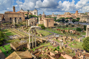 Fototapeta na wymiar View of Ruins of Roman Forum from Farnese Garden. Rome. Italy
