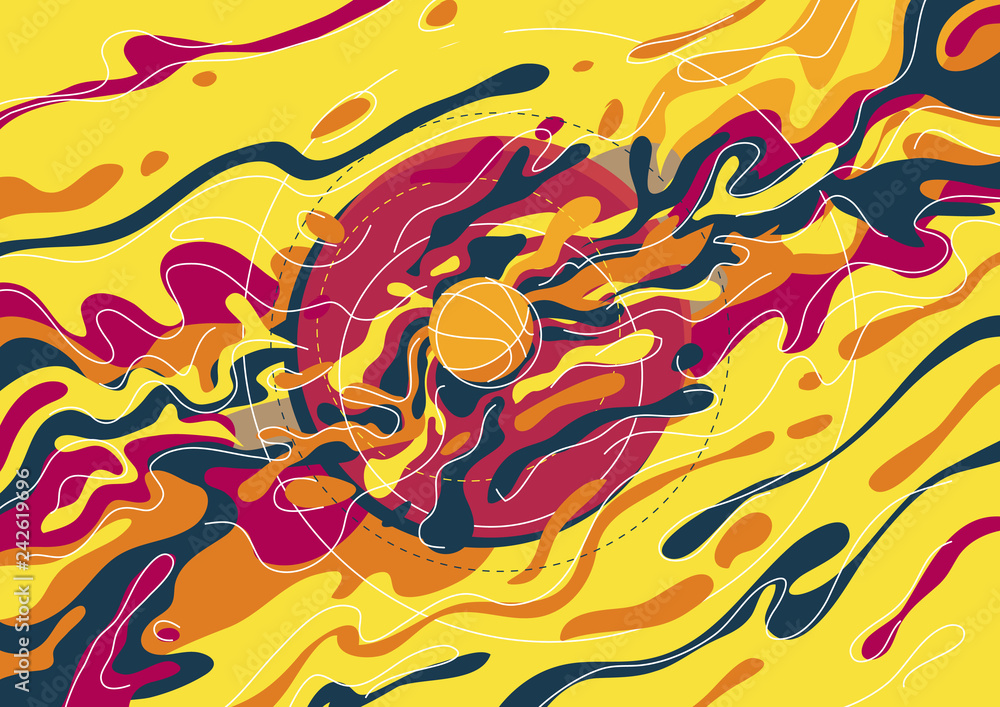 Poster vector background image with wavy elements from the center to the edges, in the middle of the basket