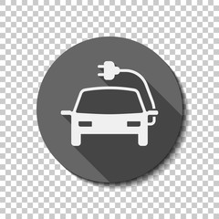 Eco logo of electric car with lightning mark, technology icon. flat icon, long shadow, circle, transparent grid. Badge or sticker style