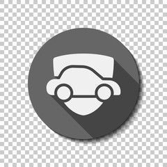 Car protect, shield of secure, auto icon. flat icon, long shadow, circle, transparent grid. Badge or sticker style
