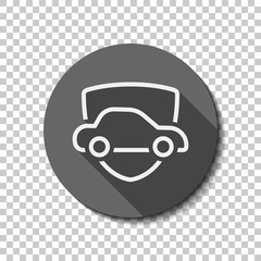 Car protect, shield of secure, linear outline icon. flat icon, long shadow, circle, transparent grid. Badge or sticker style