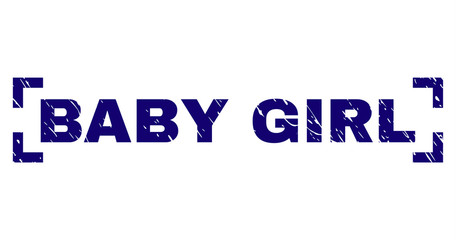 BABY GIRL caption seal print with distress texture. Text caption is placed between corners. Blue vector rubber print of BABY GIRL with dust texture.