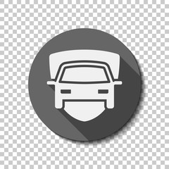 Car protect, shield of secure, auto icon. flat icon, long shadow, circle, transparent grid. Badge or sticker style