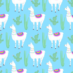 Llama with a cape on the back. Cacti. Cactus. Funny alpaca cartoon character. Seamless pattern for nursery, fabric