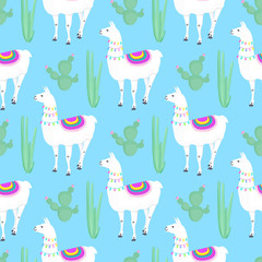 Llama with a cape on the back. Cacti. Cactus. Funny alpaca cartoon character. Seamless pattern for nursery, fabric