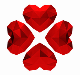 3D rendering. Red polygonal hearts clover on white background, valentines day