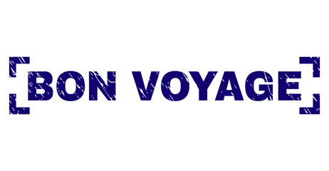 BON VOYAGE tag seal print with distress texture. Text tag is placed inside corners. Blue vector rubber print of BON VOYAGE with dust texture.