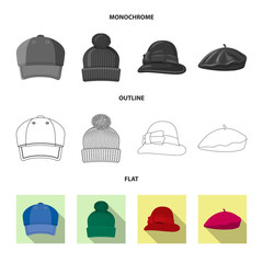 Isolated object of headgear and cap icon. Collection of headgear and accessory stock vector illustration.