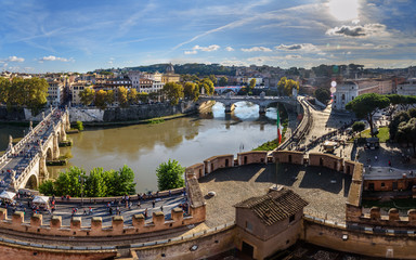 Panoramic view of Ponte Sant'Angelo or Aelian Bridge from Castel Sant'Angelo or castle of Holy...