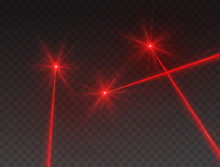 Laser beams isolated on transparent background. Abstract red lazer light rays with glow targets. Vector security or neon line effect for your design.