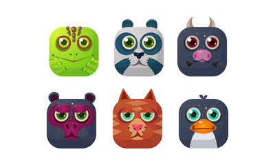 Cute animals set, square app icons, assets for GUI, web design, chameleon, panda, bull, bear, cat, penguin vector Illustration