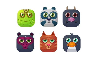 Fotobehang Cute animals set, square app icons, assets for GUI, web design, chameleon, panda, bull, bear, cat, penguin vector Illustration © topvectors