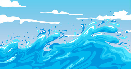 vector image of blue waves splashing against blue sky with clouds