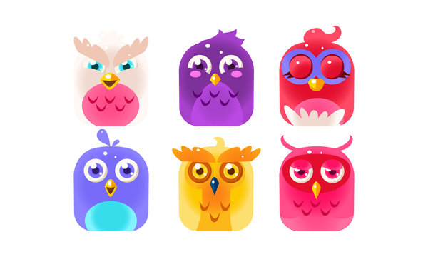Cute funny birds set, colorful glossy birdies vector Illustration