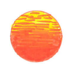 Abstract setting sun painted in yellow and orange highlighter felt tip pen on clean white background