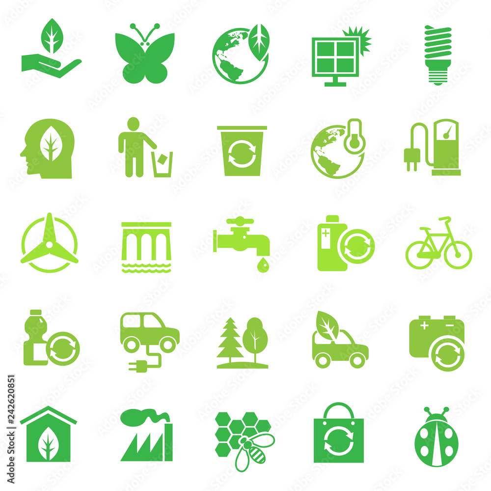 Poster ecology green icons set on white background for graphic and web design, modern simple vector sign. i