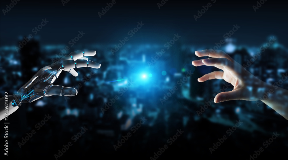 Poster robot hand making contact with human hand on dark background 3d rendering