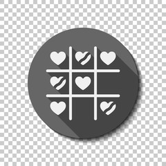 Tic tac toe game, love version with heart, valentine day icon. flat icon, long shadow, circle, transparent grid. Badge or sticker style
