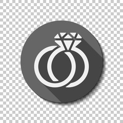 Wedding rings with diamond, icon. flat icon, long shadow, circle, transparent grid. Badge or sticker style