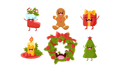 Cute Christmas cartoon characters set, wreath, gift box, candle, candy cane, sock, gingerbread, holiday tree, funny decoration elements vector Illustration