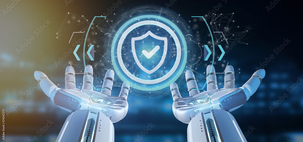 Poster cyborg hand holding a technology security icon on a circle 3d rendering
