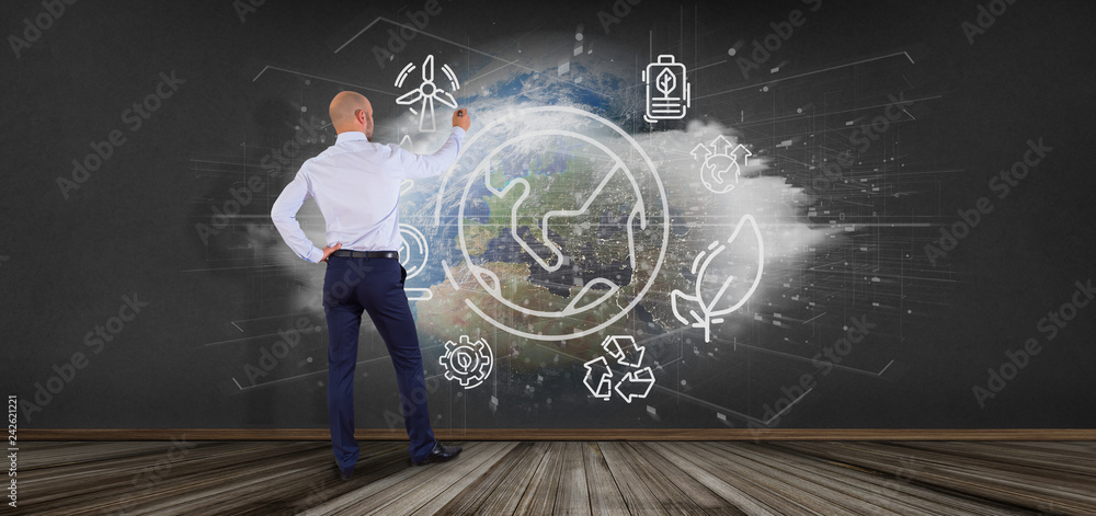 Poster businessman in front of a world globe surronding by ecology icons and connection 3d rendering