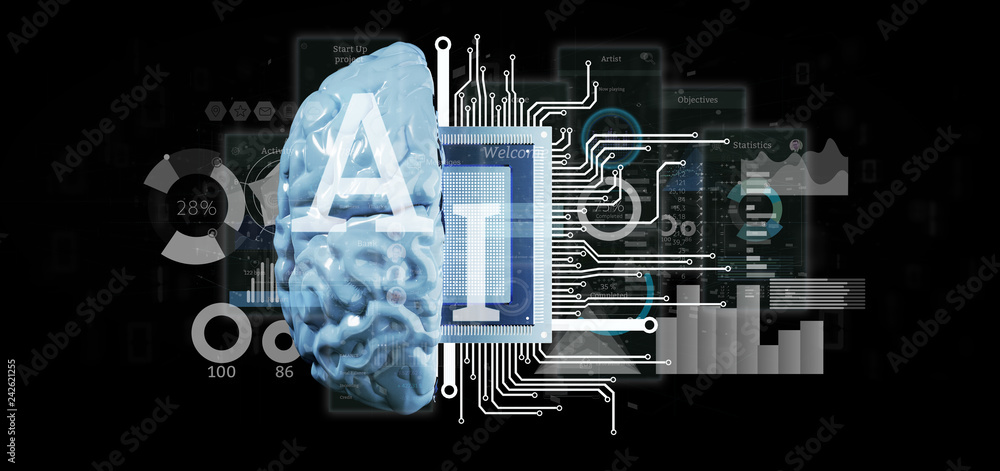 Poster artificial intelligence icon with half brain and half circuit 3d rendering