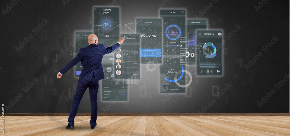 Poster businessman in front of a wall with user interface screens with icon, stats and data 3d rendering