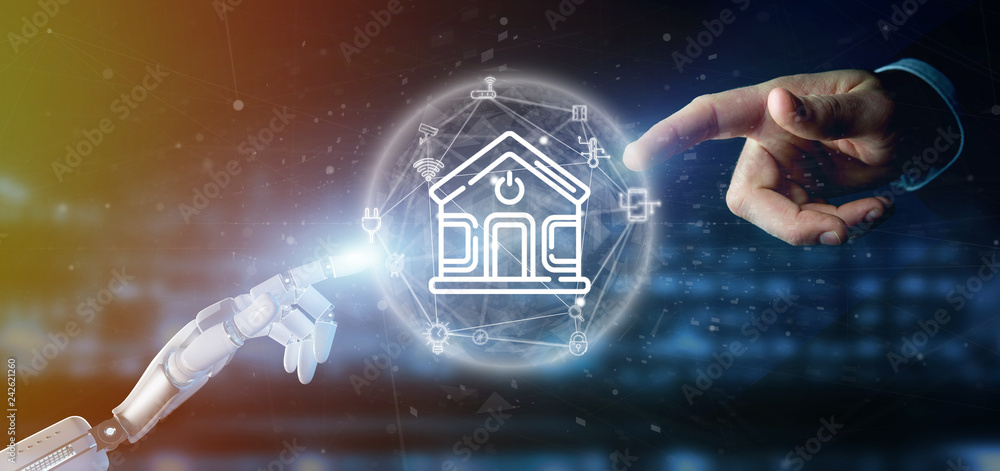 Poster cyborg holding smart home interface with icon, stats and data 3d rendering