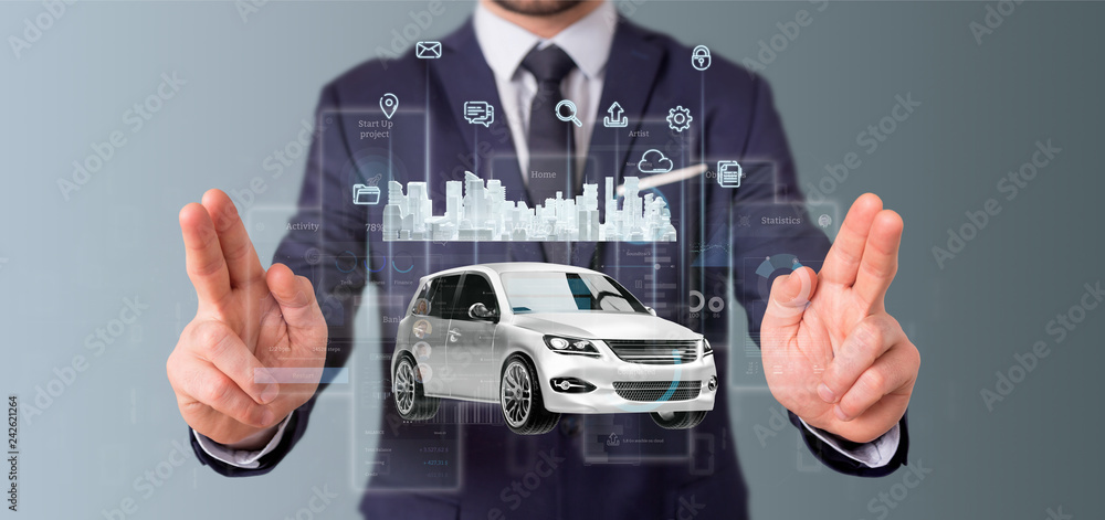 Poster businessman holding dashboard smartcar interface with multimedia icon and city map on a background 3