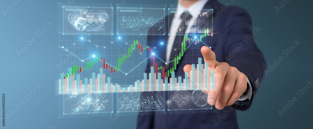 Poster businessman using 3d rendering stock exchange datas and charts