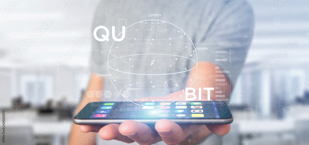 Poster businessman holding quantum computing concept with qubit icon 3d rendering