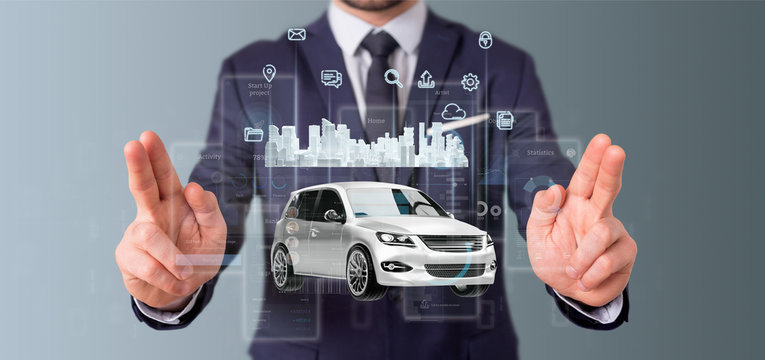Businessman holding Dashboard smartcar interface with multimedia icon and city map on a background 3d rendering