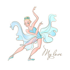 Girl ballerina. Ballet. A dancer in a blue dress. My love. Inscription. Vector.