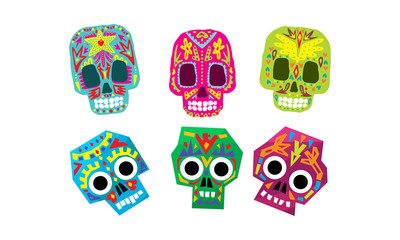 Mexican sugar skulls set, Day of the dead colorful symbols vector Illustration