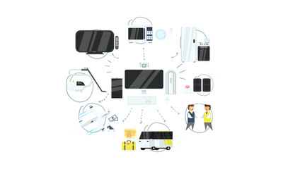 IOT online synchronization and connection via smartphone or computer wireless technology, home appliances management vector Illustration