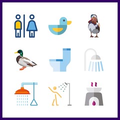 9 bath icon. Vector illustration bath set. wc and bathing icons for bath works