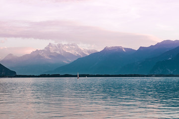 Lake Geneva in Montreux with Swiss Alps view