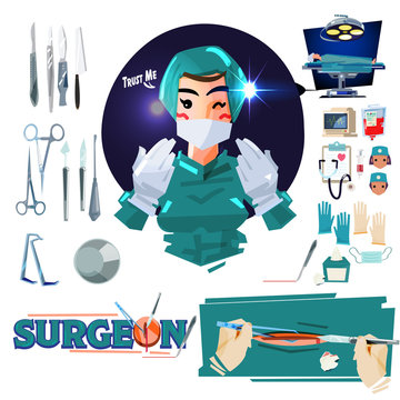 Surgeon with medical icon set in operation room - vector illustration