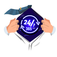 man open shirt to show "24/7 and 365" typograpic. service 24 hours 7 days 365 days or a year concept - vector