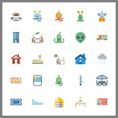25 window icon. Vector illustration window set. train ticket and bus icons for window works