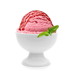 Strawberry ice cream scoop with syrup, sauce or sherbet in bowl isolated on white background