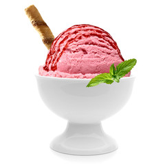 Strawberry ice cream scoop with wafer stick, syrup, sauce or sherbet in bowl isolated on white background