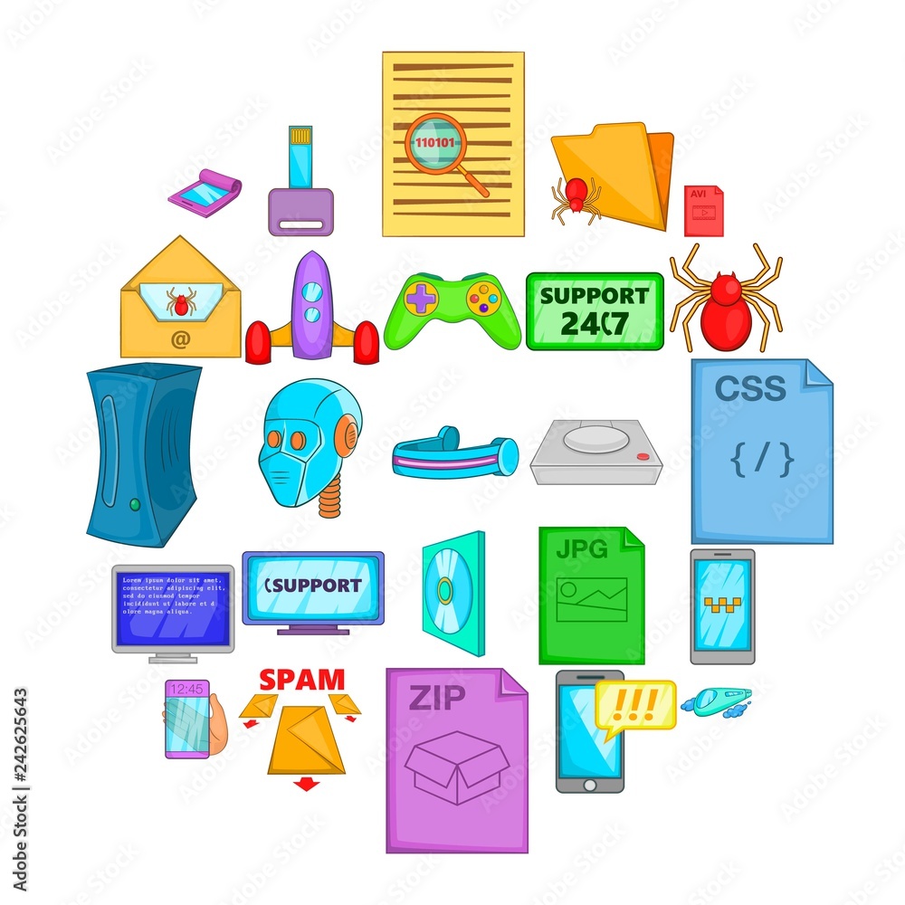 Poster spyware icons set. cartoon set of 25 spyware vector icons for web isolated on white background