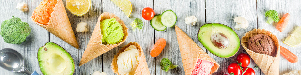 Trendy vegan food, summer healthy dessert concept, colorful diet vegetable ice cream with avocado,...
