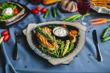 salmon steak with sauce. fish steak. grilled steak