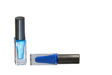 Blue bottle of nail polish on a white background.