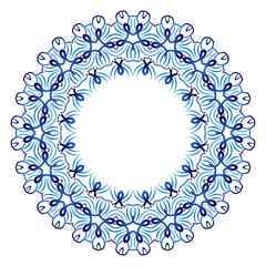 Ceramic tile pattern. Decorative round ornament. White background with art frame. Islamic, indian, arabic motifs.